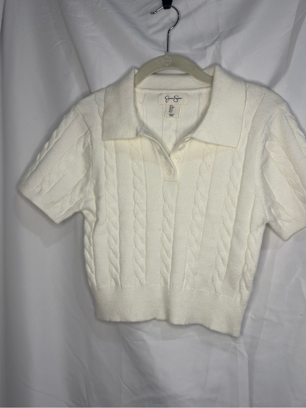 Jessica Simpson Cream Cable-Knit Polo Crop Top